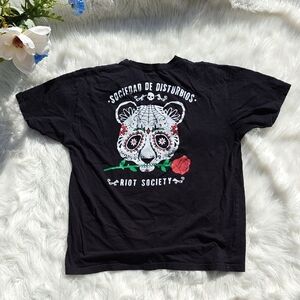 Riot Society Black Tee with Sugar Skull & Red Rose Graphic